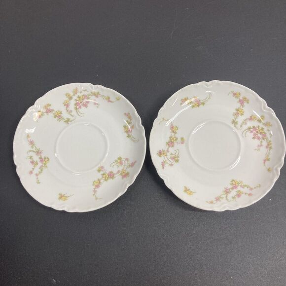 Set of 2 1900's Antique Haviland Limoges France Saucers Pink Yellow Flower Tea - Picture 1 of 11